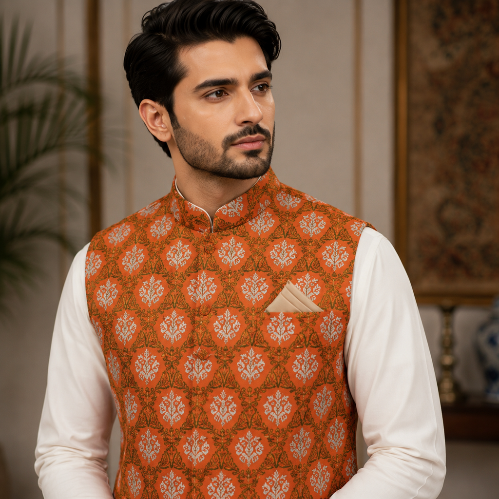 Rust Orange Tilla Embroidered Waistcoat