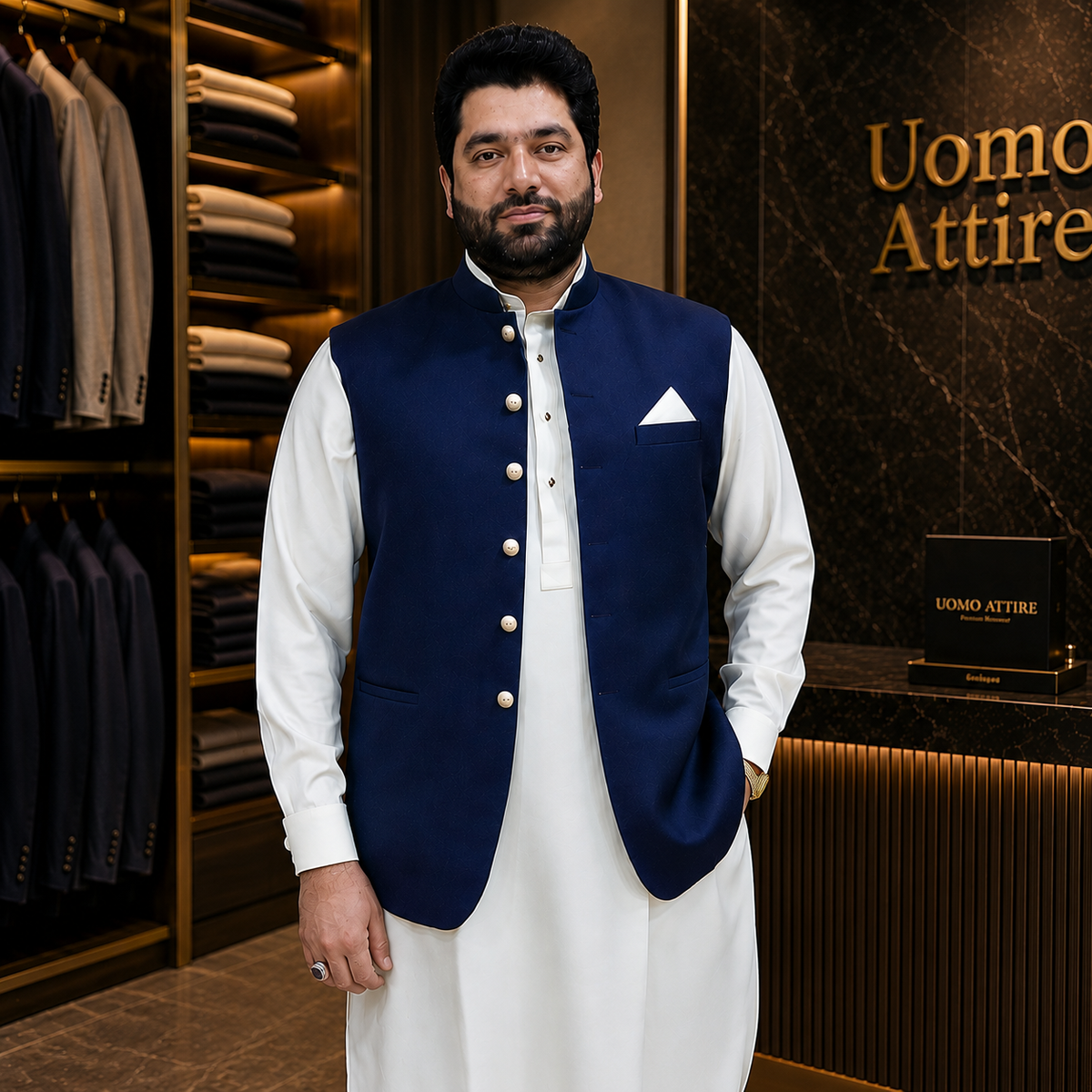 President Blue Super 130's Merino Waistcoat Worn by Mr. Nasir Khan