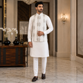 White Embroidered Fabric With Silver Hand Embellished Waistcoat