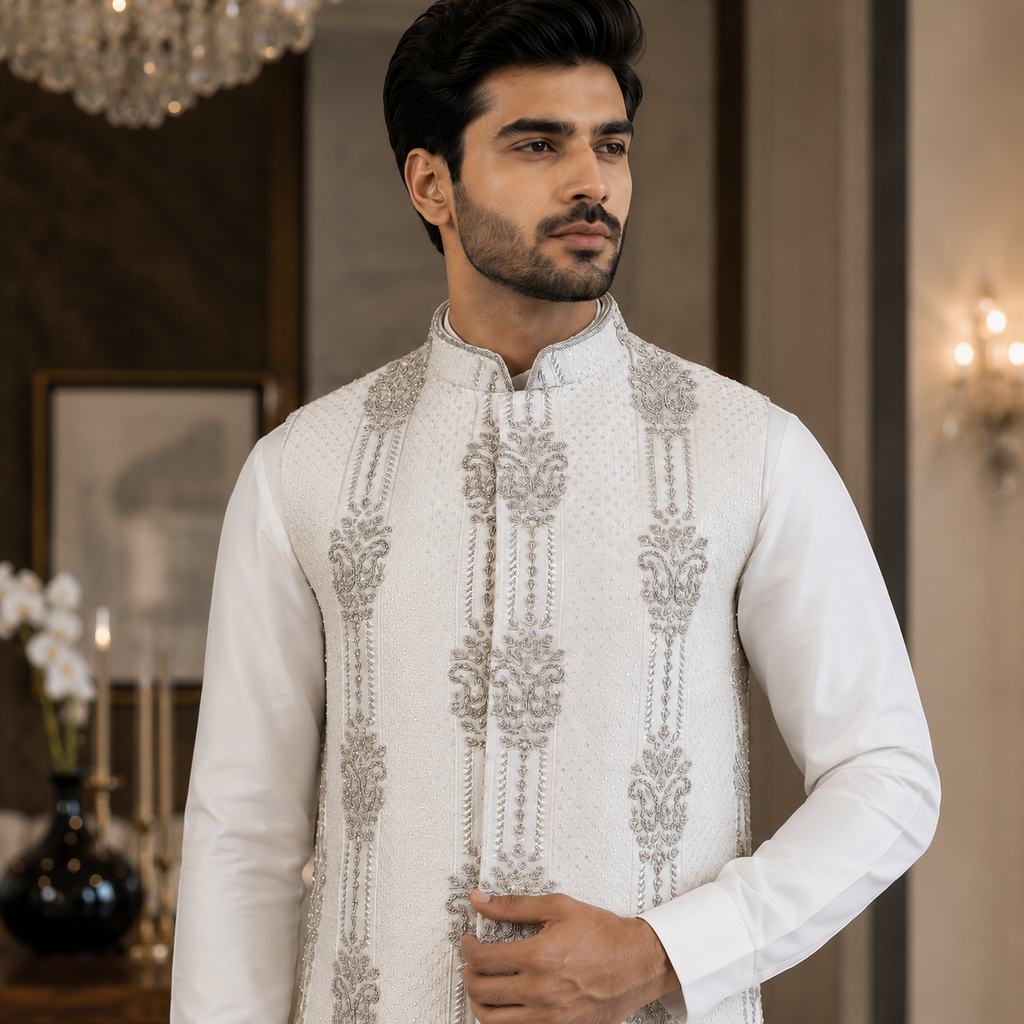 White Embroidered Fabric With Silver Hand Embellished Waistcoat