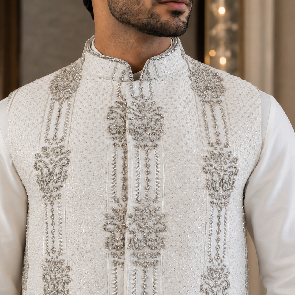 White Embroidered Fabric With Silver Hand Embellished Waistcoat