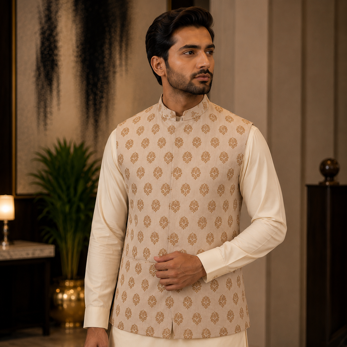 Ivory Karandi Fabric Hand Embellished Waistcoat