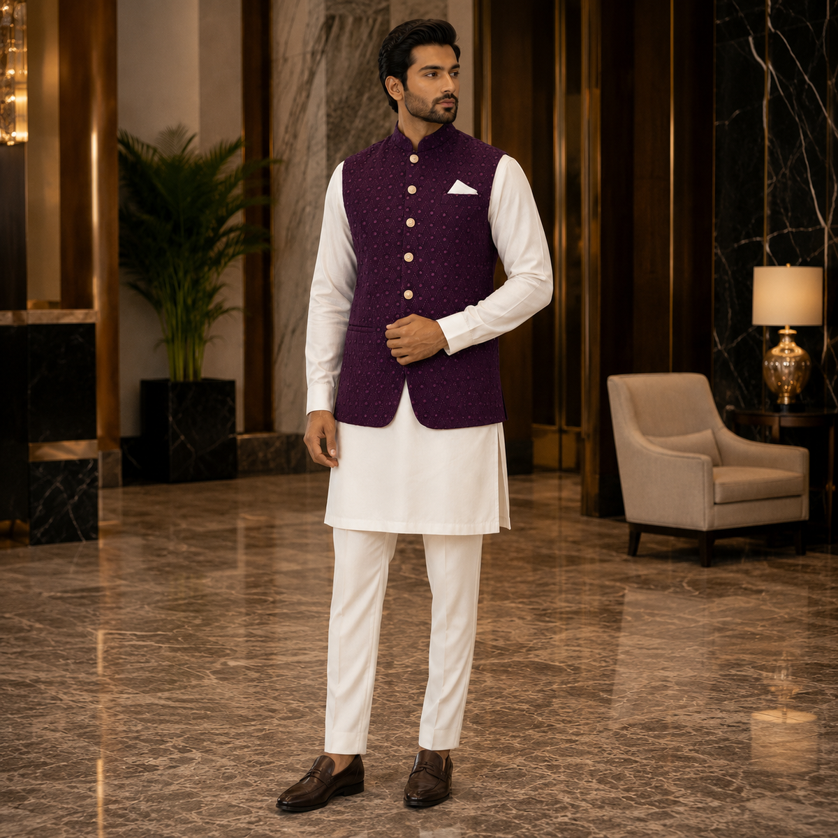 Deep Plum Embroidered Waistcoat with Gold Buttons