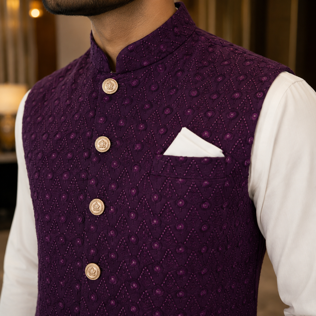 Deep Plum Embroidered Waistcoat with Gold Buttons
