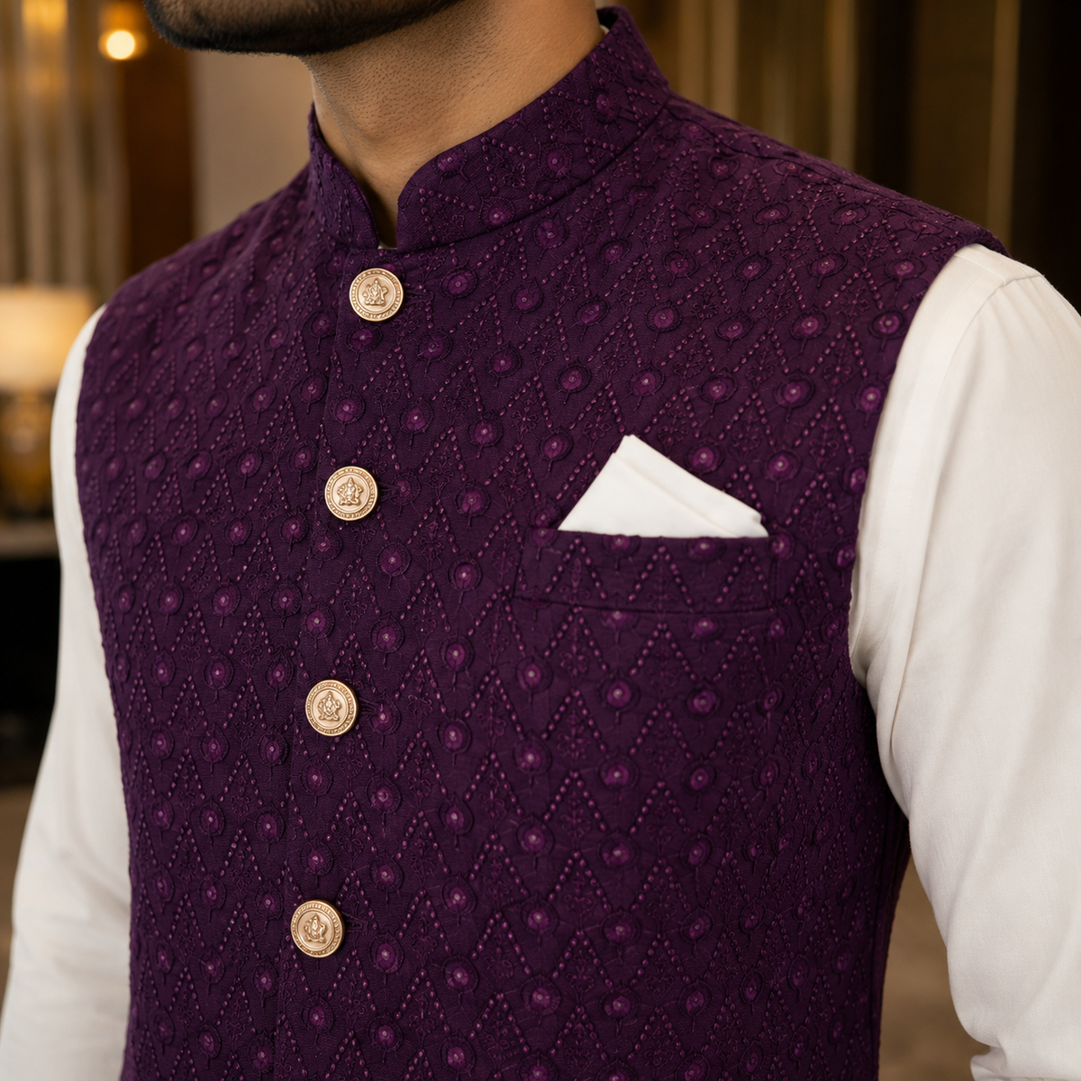 Deep Plum Embroidered Waistcoat with Gold Buttons