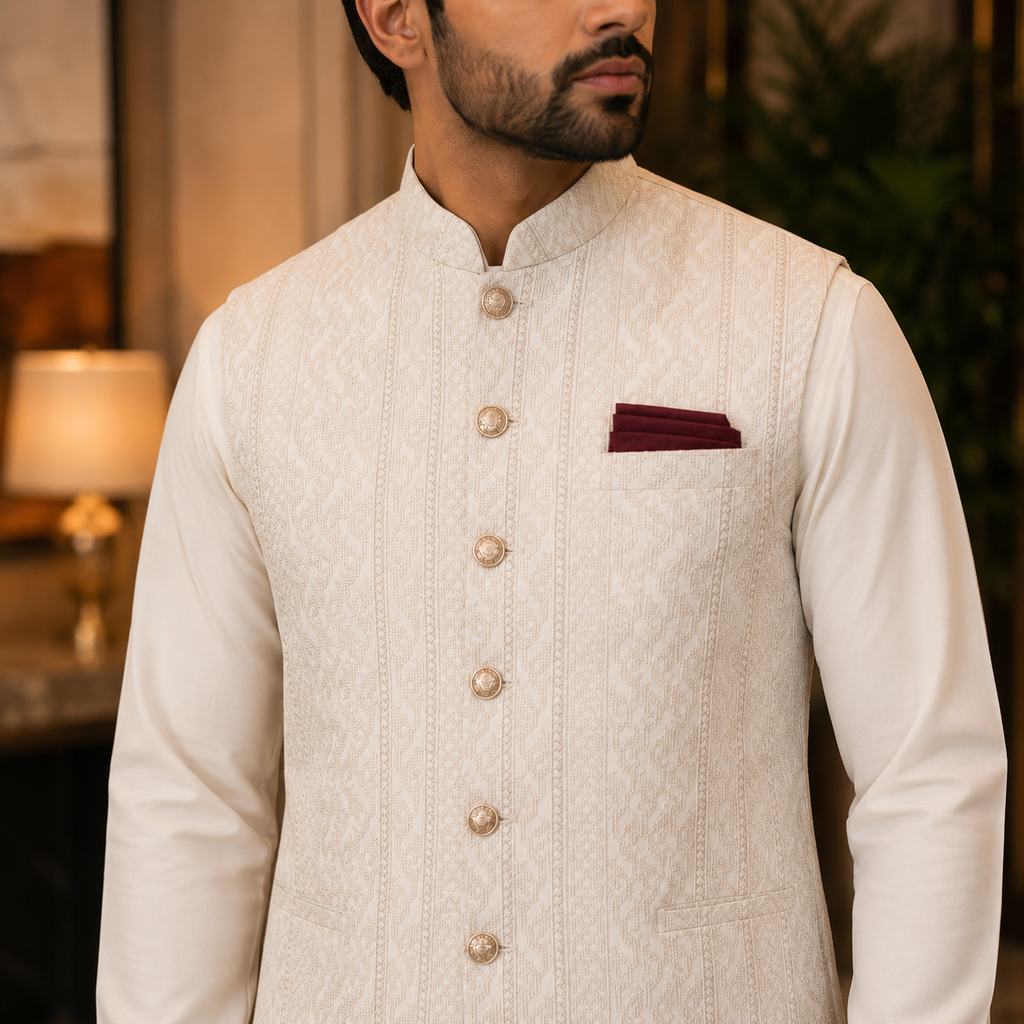 Men's Luxury Off-White Embroidered Waistcoat with White Kurta Pajama