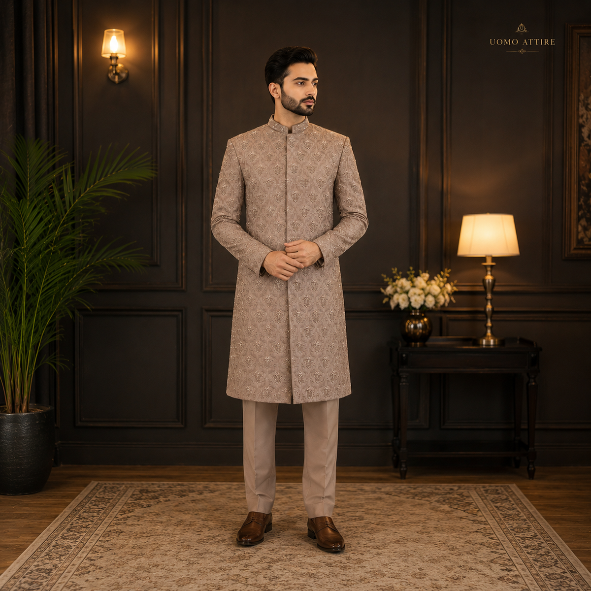 Beige Embroidered Wedding Sherwani With Hand Embellishment for Men