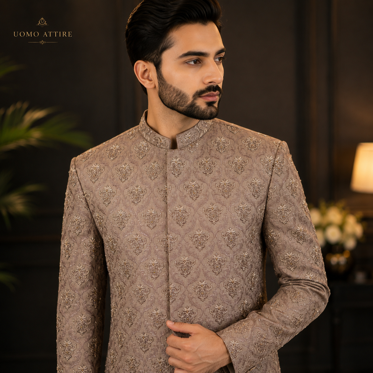 Beige Embroidered Wedding Sherwani With Hand Embellishment for Men