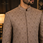 Beige Embroidered Wedding Sherwani With Hand Embellishment for Men