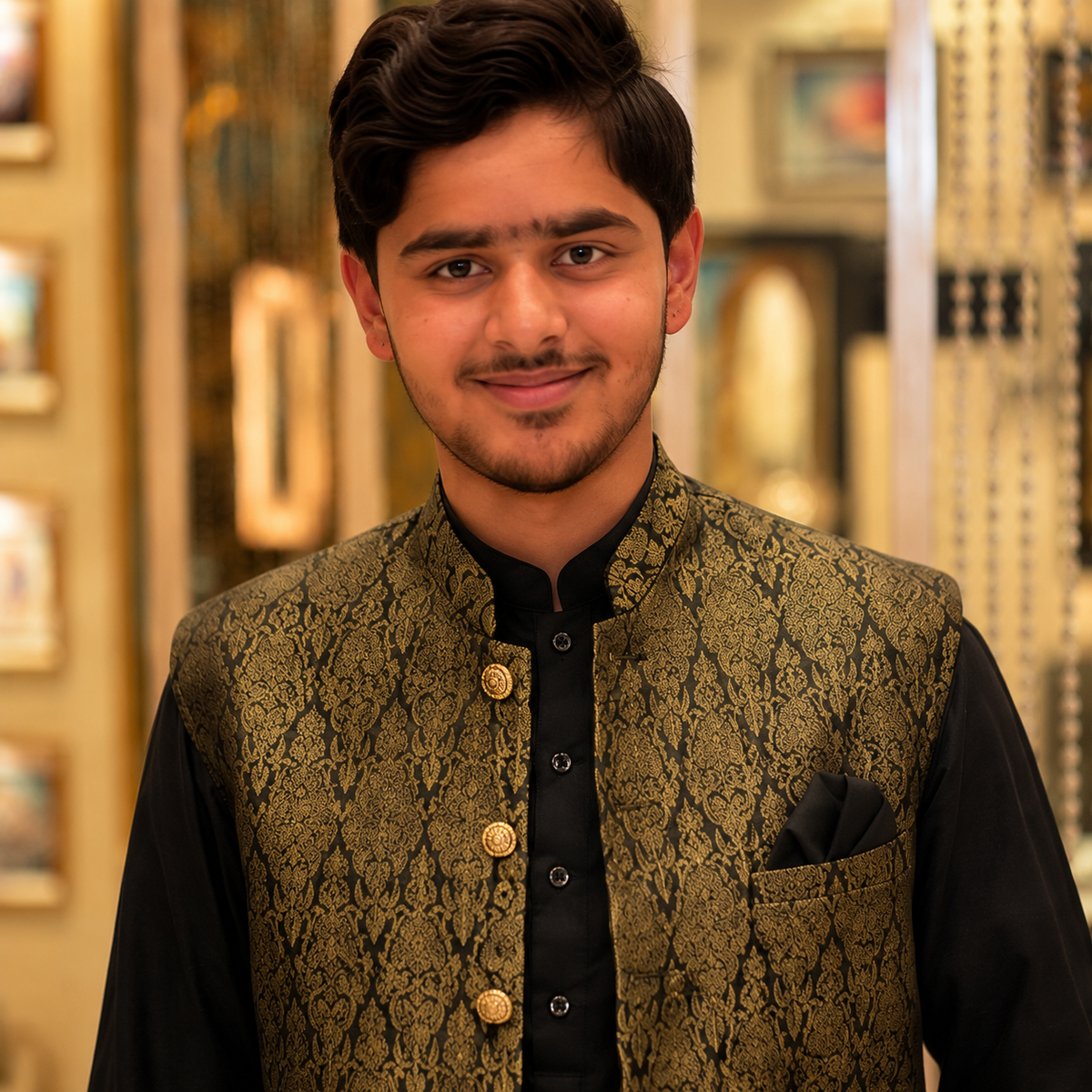 Gold Embroidered Waistcoat for Men Our esteemed happy client, Mr. Kashif Rasool
