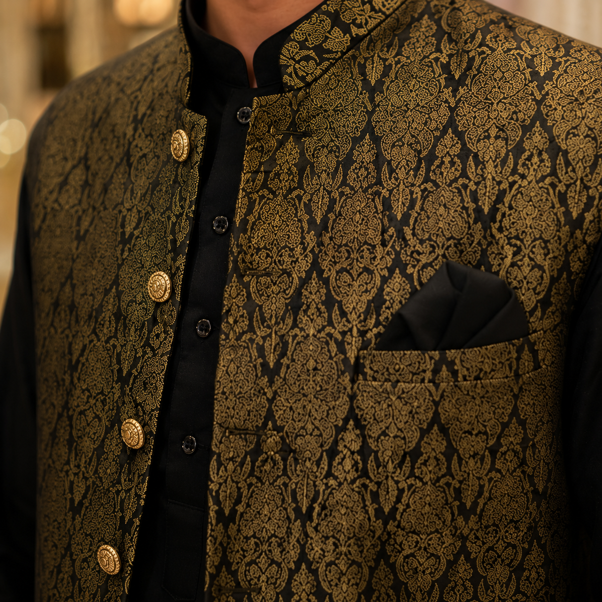 Gold Embroidered Waistcoat for Men Our esteemed happy client, Mr. Kashif Rasool