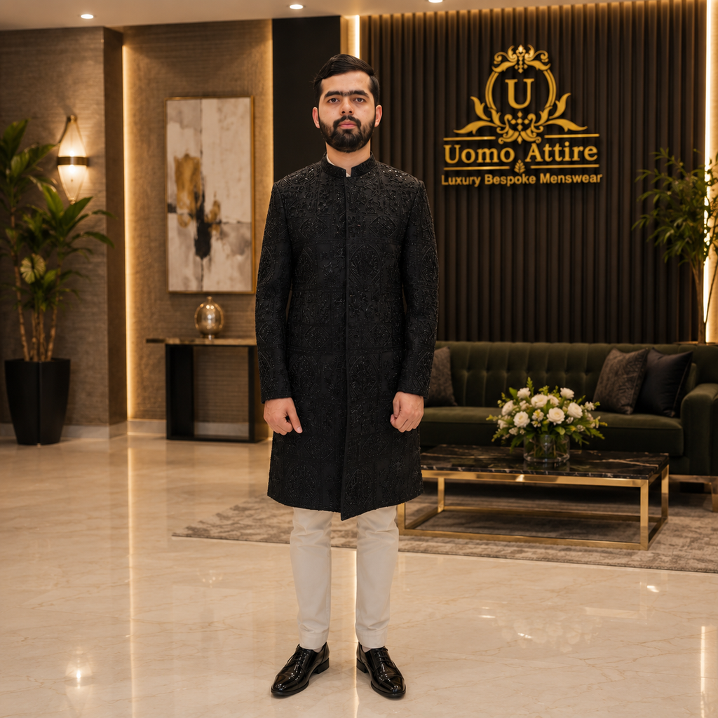 Black Embroidered with Hand Embellished Wedding Sherwani