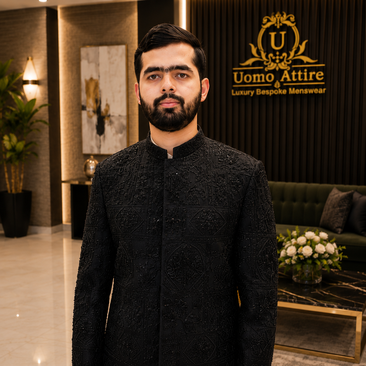 Black Embroidered with Hand Embellished Wedding Sherwani