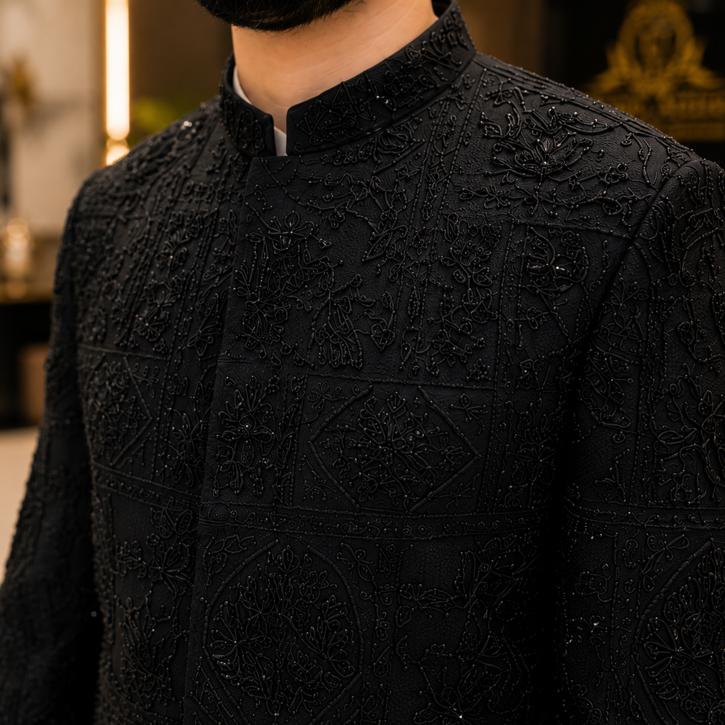 Black Embroidered with Hand Embellished Wedding Sherwani