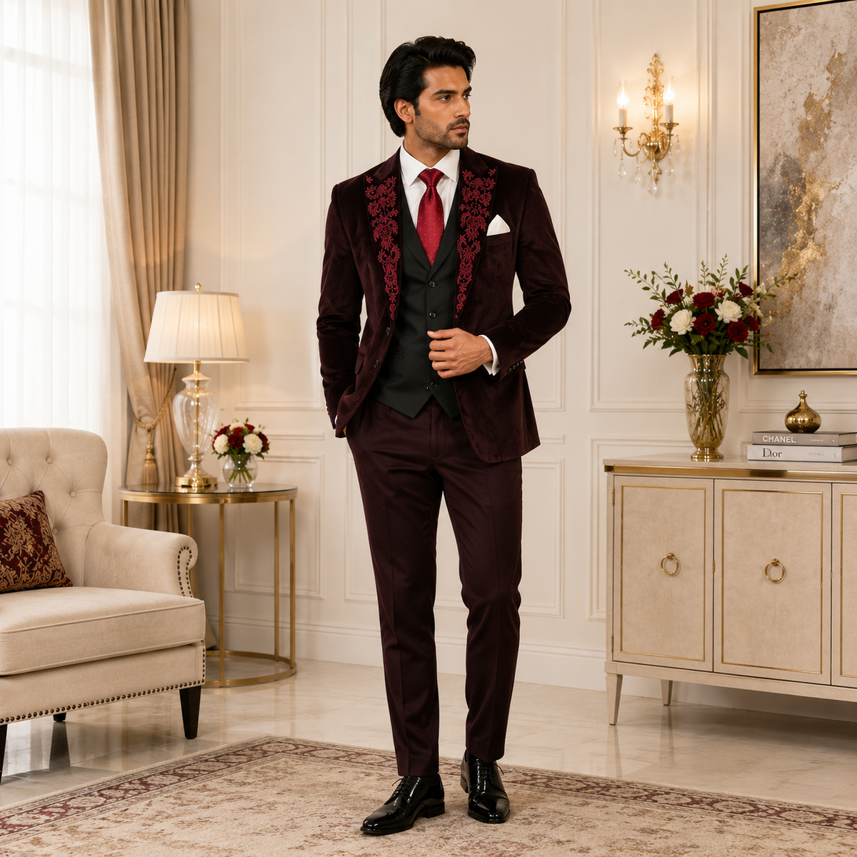 Burgundy Velvet Designer Groom Tuxedo