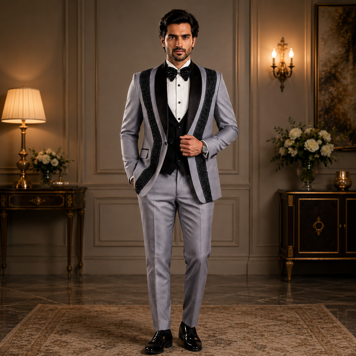 Light Gray Tuxedo with Black Contrast Style
