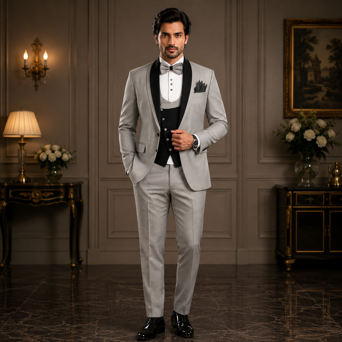 Black and Grey Contrast Shawl Lapel Tuxedo Suit