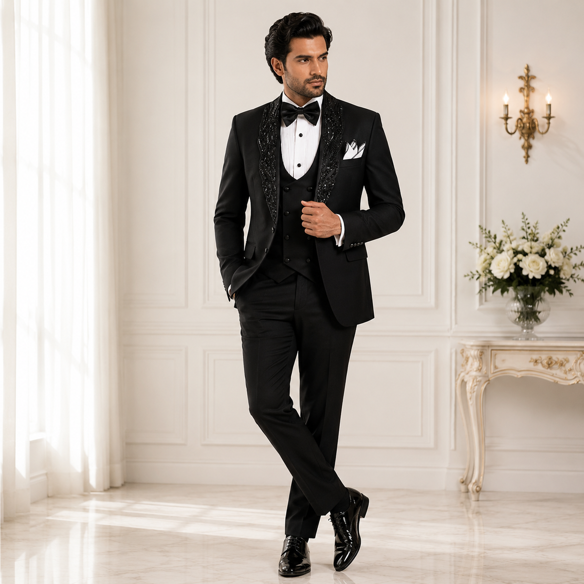 Black Designer Tuxedo Suit with Embellished Shawl