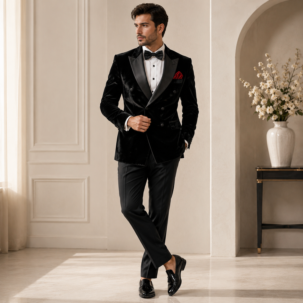 Black Velvet Double Breasted Tuxedo Suit for Men