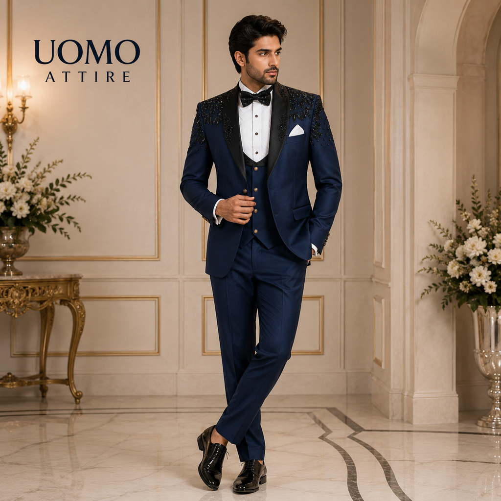 Navy Tuxedo Black Lapel for Groom Wedding and Special Occasion