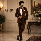 Brown Velvet Tuxedo Jacket with Floral Hand Jewlery Work