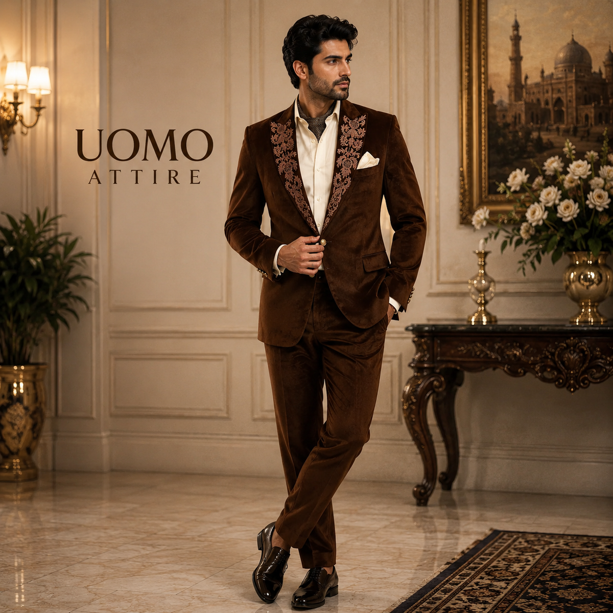 Brown Velvet Tuxedo Jacket with Floral Hand Jewlery Work
