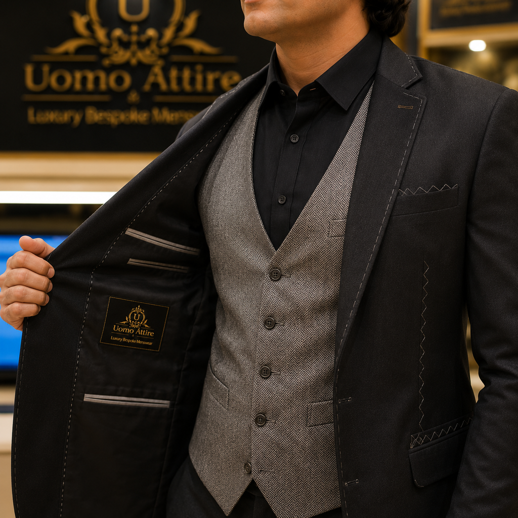 Men's Luxury Charcoal Grey Embroidered 3-Piece Suit (Worn by Pakistani Cricketer Muhammad Irfan)
