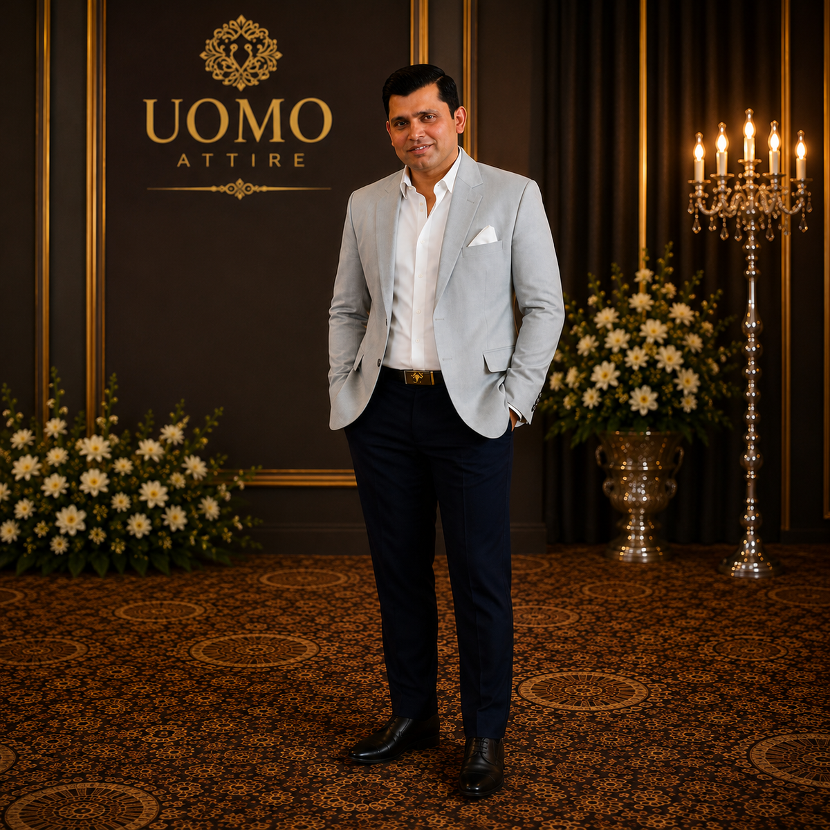 Men's Luxury Light Grey Blazer with Navy Trouser (Worn by Pakistani Former Cricketer Kamran Akmal)