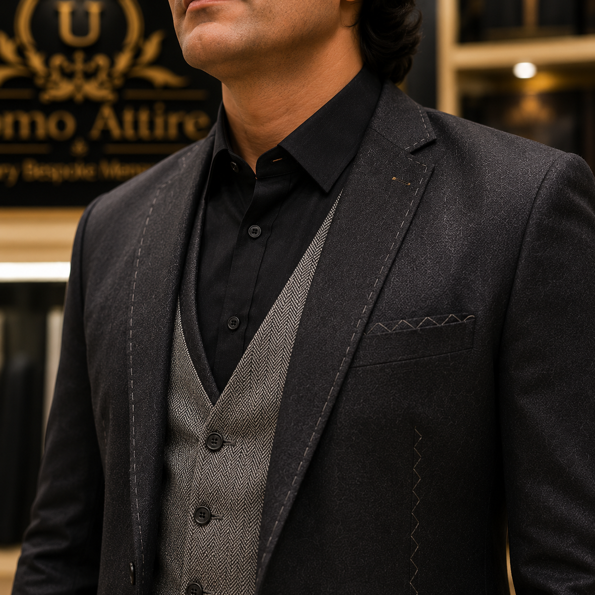 Men's Luxury Charcoal Grey Embroidered 3-Piece Suit (Worn by Pakistani Cricketer Muhammad Irfan)