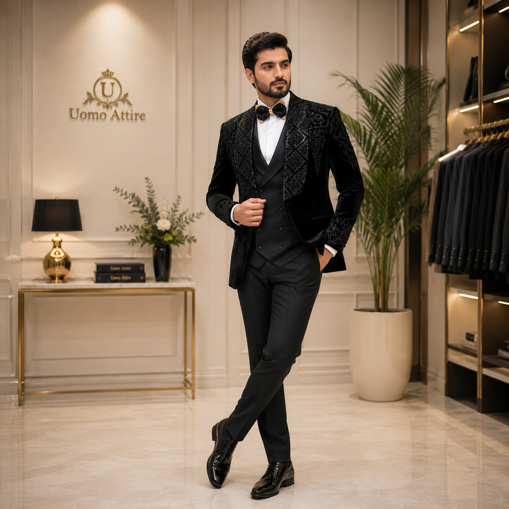 Men's Luxury Bespoke Embellished Black Velvet Tuxedo 3 Piece Suit