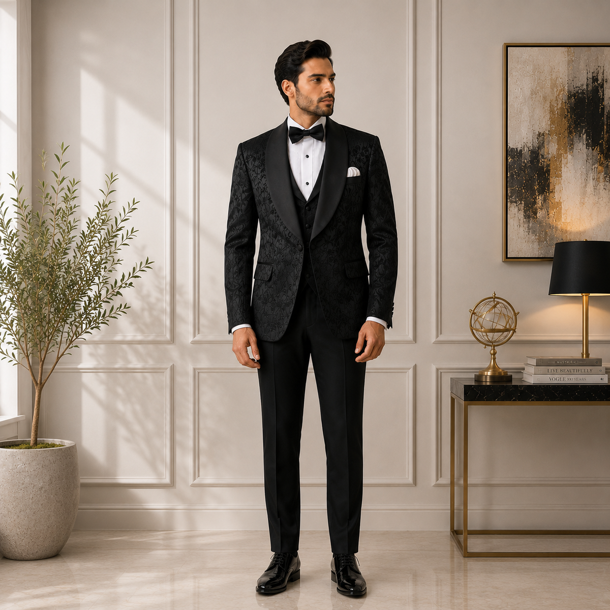 Black Tuxedo 3-Piece Suit with Single-Breasted Vest
