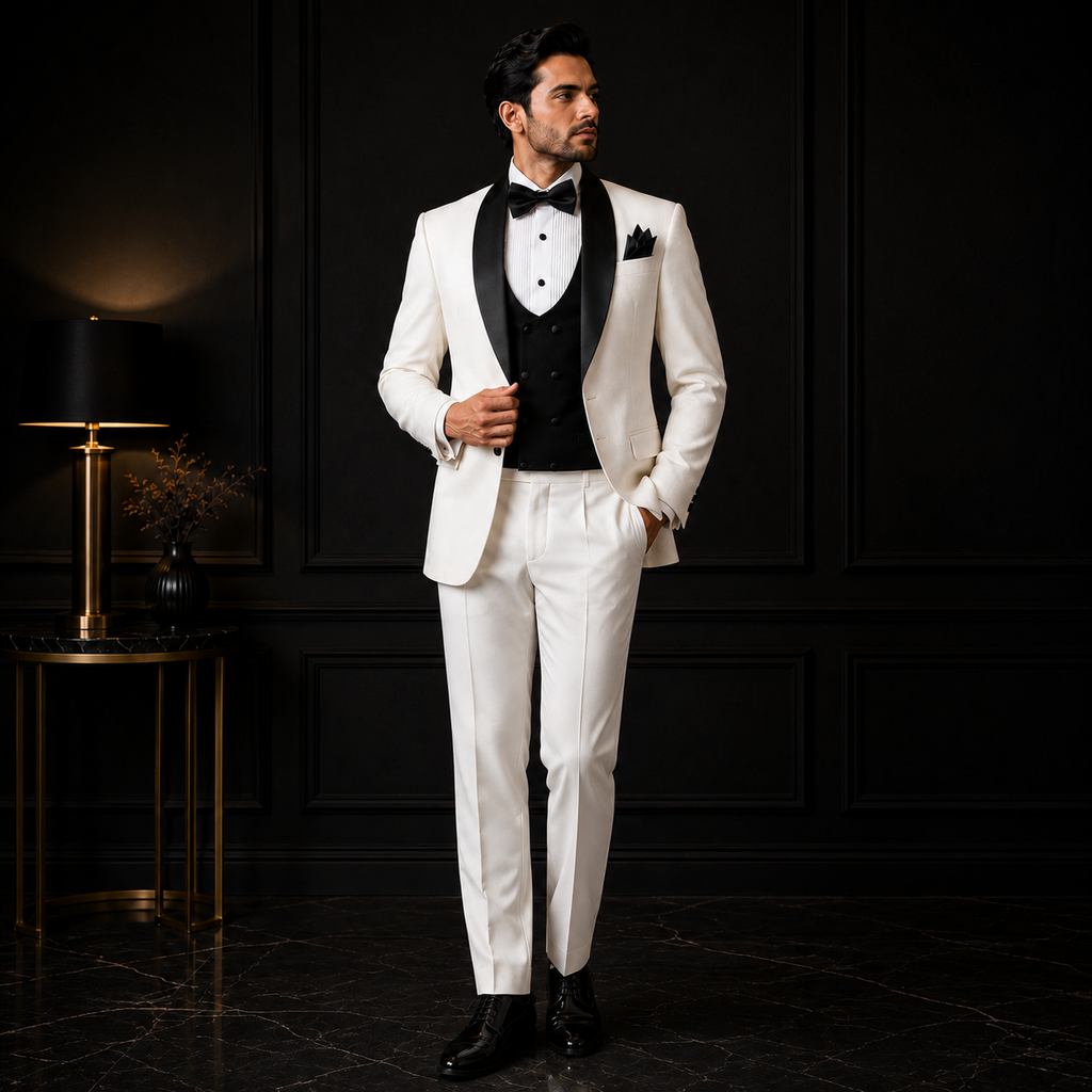 Handmade white and black contrast tuxedo 3 piece suit