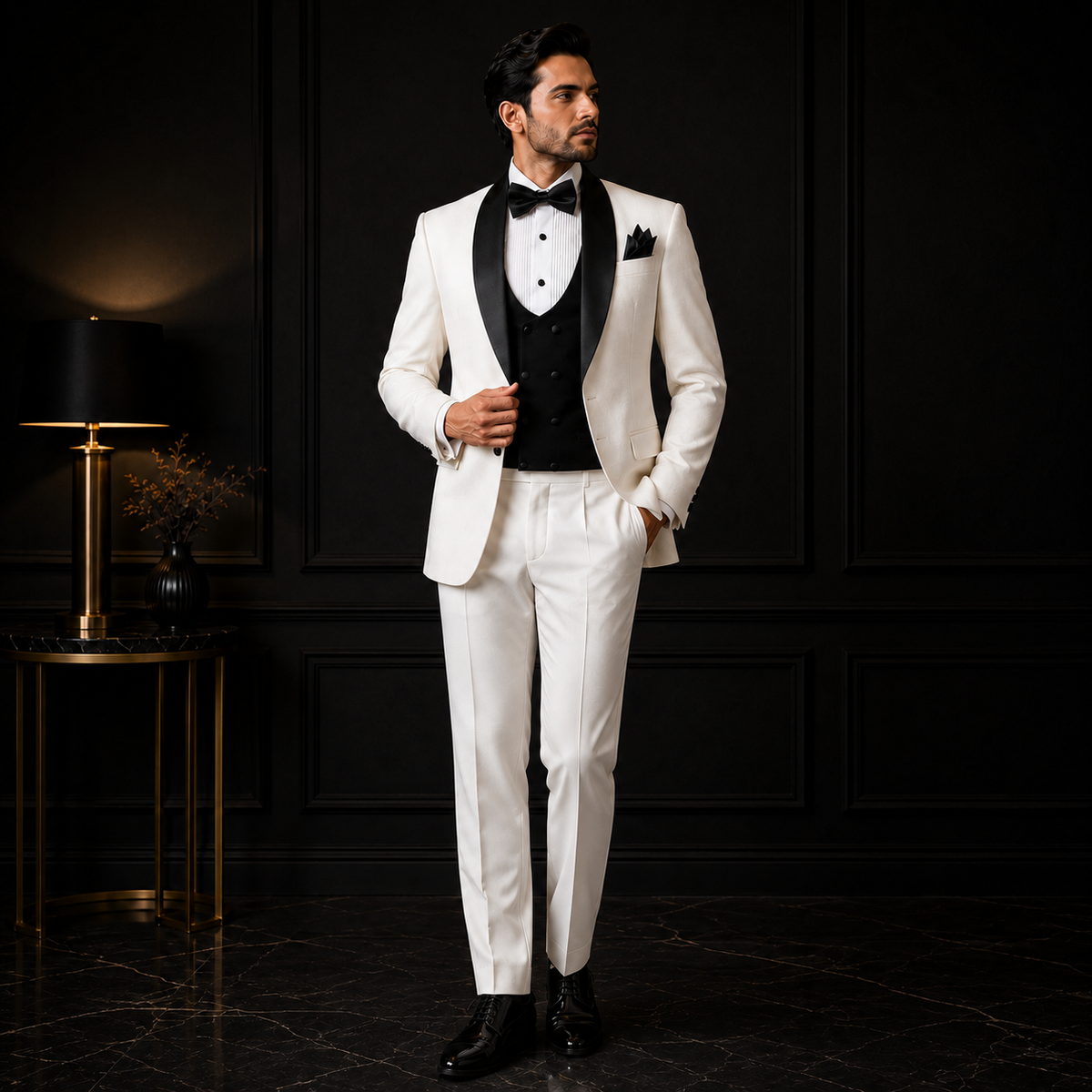 Handmade white and black contrast tuxedo 3 piece suit