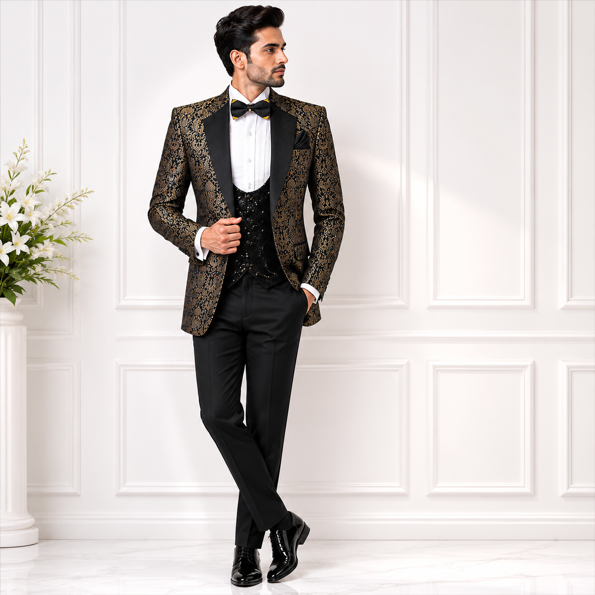 Bespoke Tuxedo 3 Piece Suit in Self Embossed Textured Fabric