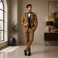 Custom-tailored golden tuxedo 3 piece suit with black piping