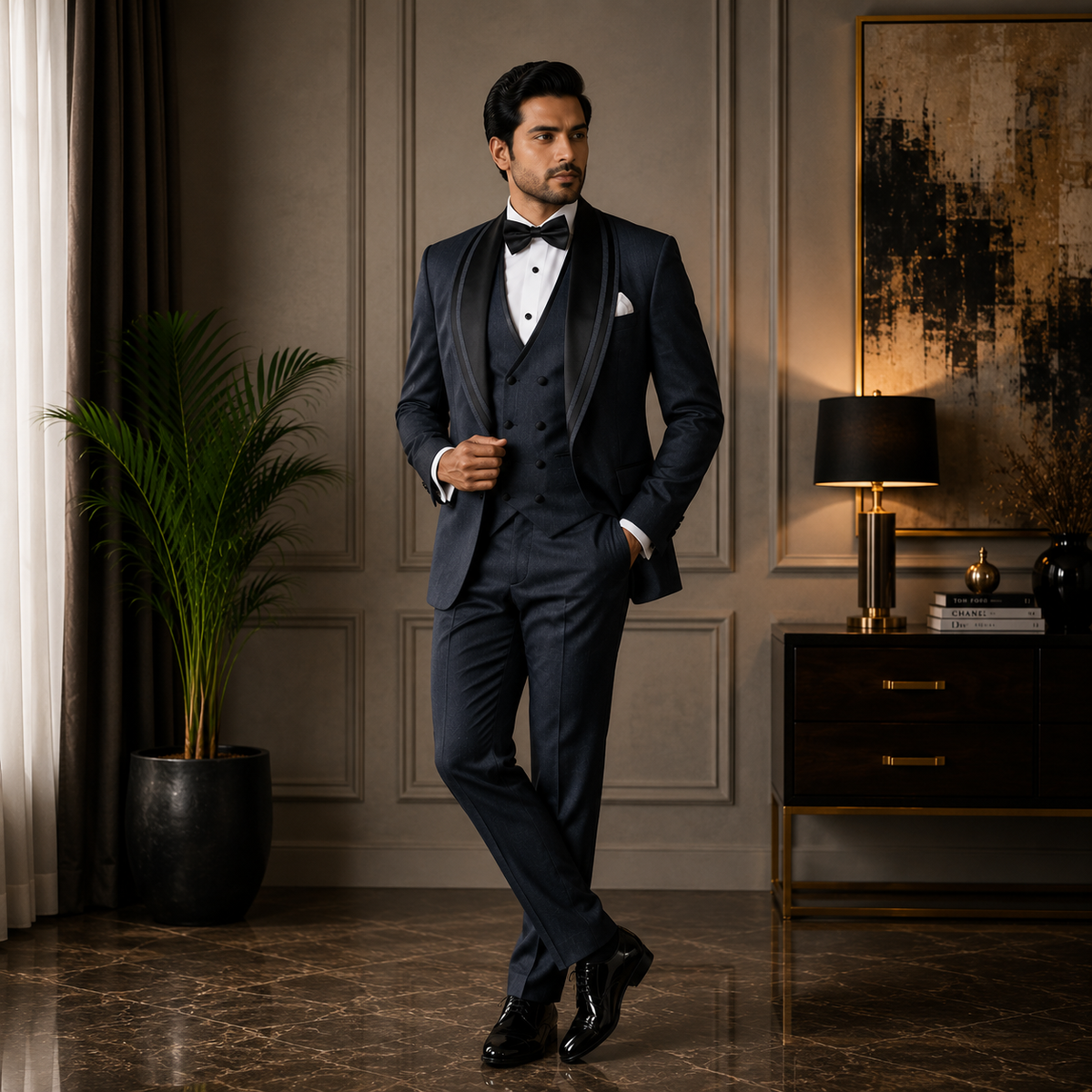 Abito smoking 3 pezzi sartoriale con gilet doppiopetto piping