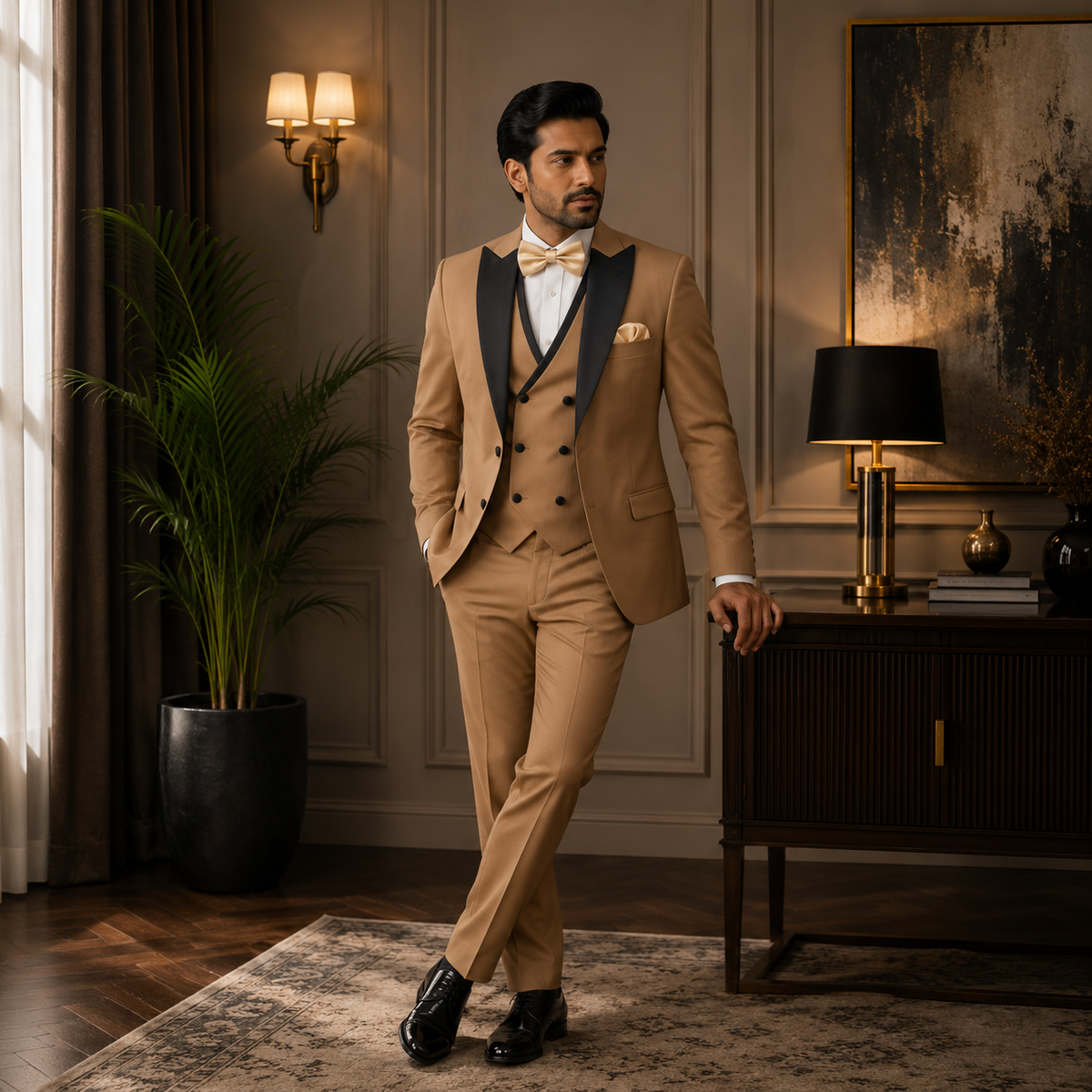 Abito 3 pezzi smoking dorato slim fit su misura