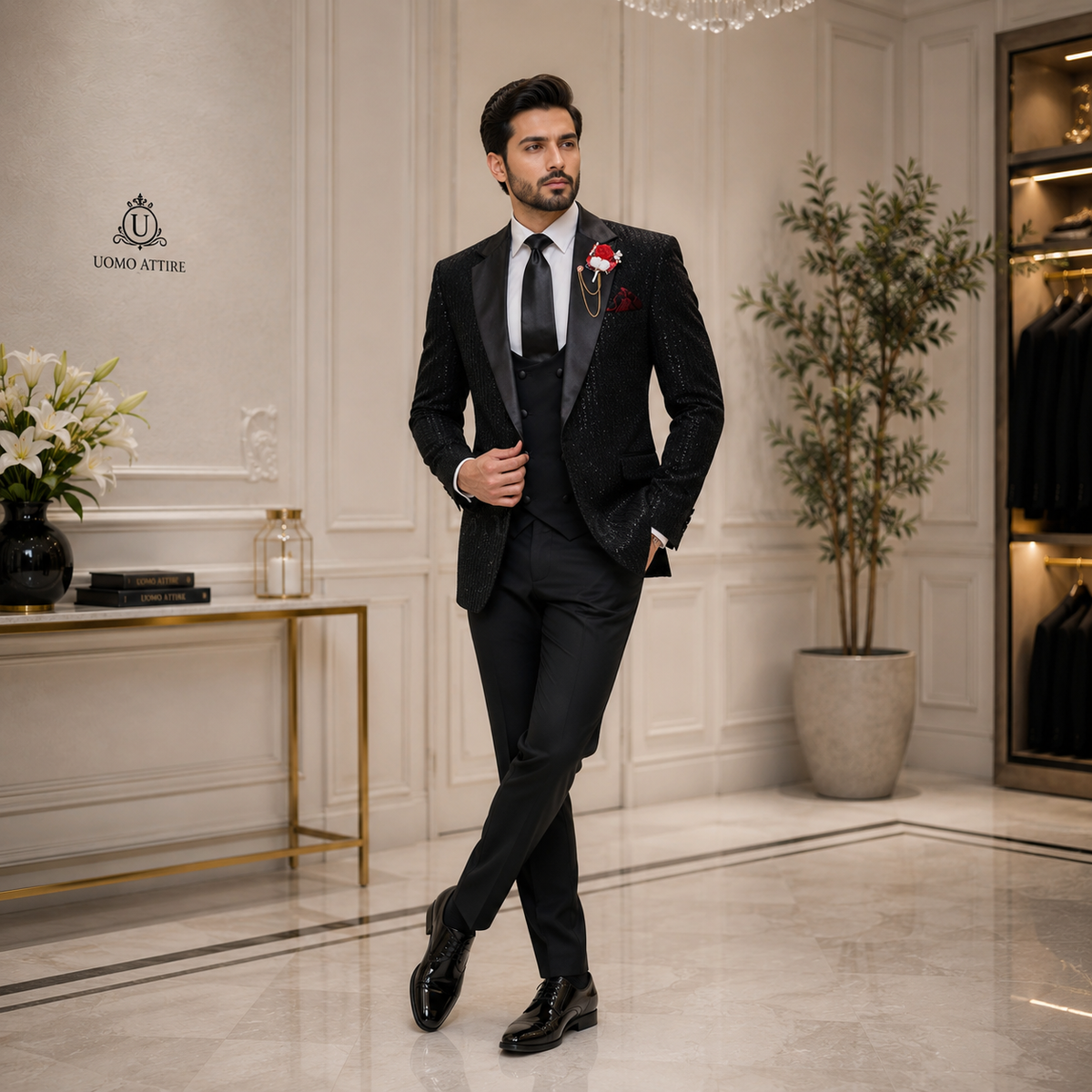 Black 3-piece suit for groom and groomsmen