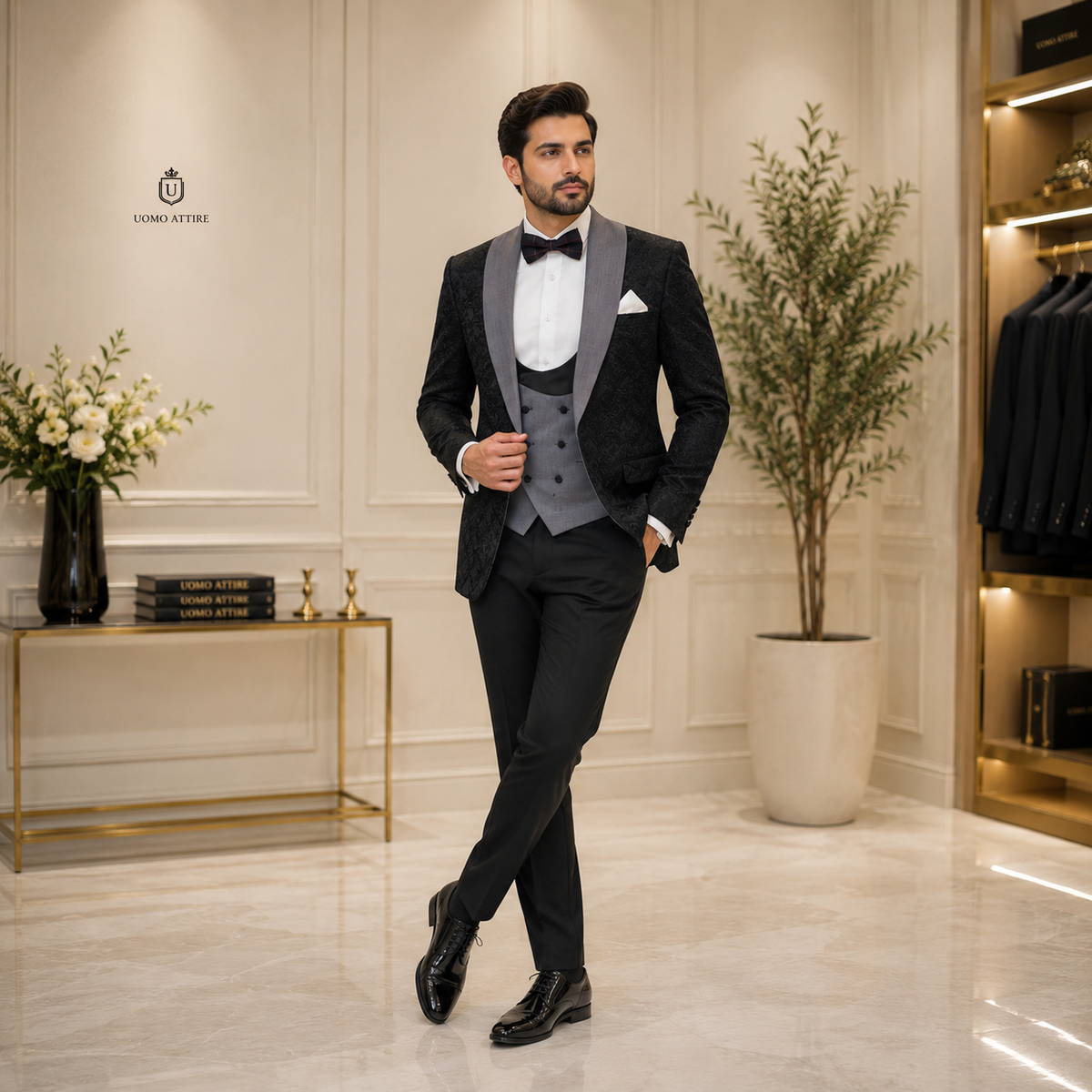 Black wedding tuxedo suit for groom and groomsmen