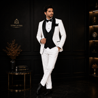 Textured fabric white tuxedo 3 piece suit with black contrast