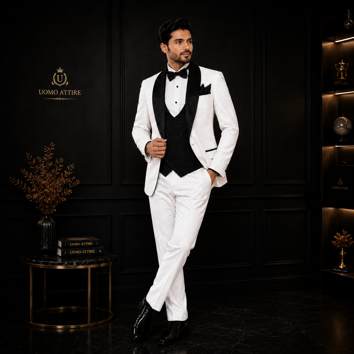 Textured fabric white tuxedo 3 piece suit with black contrast