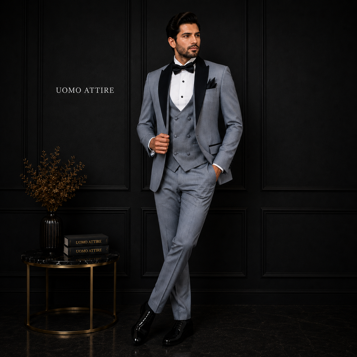 Gray tuxedo 3 piece suit with contrast black velvet shawl