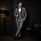 Men's three piece gray tuxedo with contrast shawl