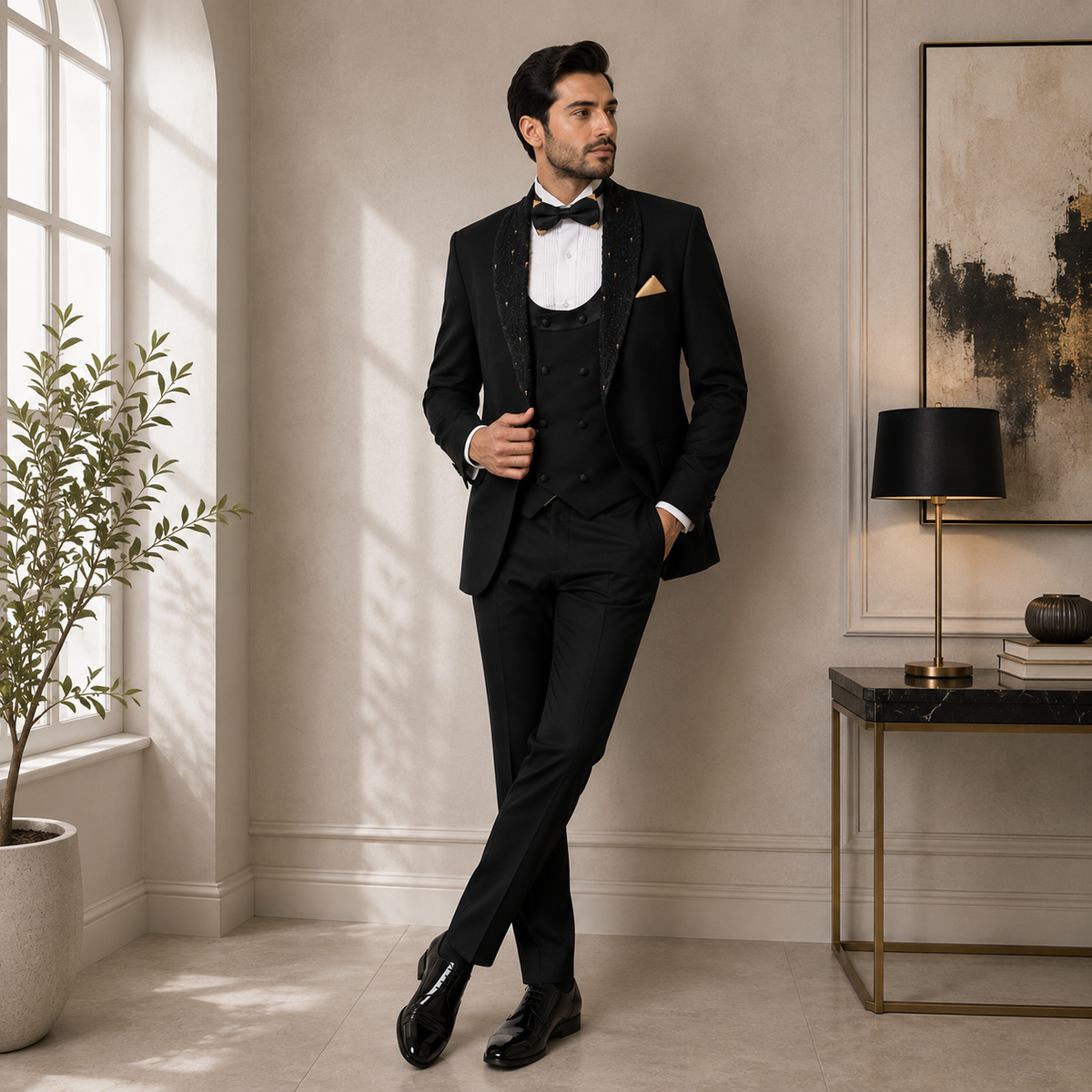 Men's black tuxedo 3 piece suit with embellished shawl and U-Shaped vest