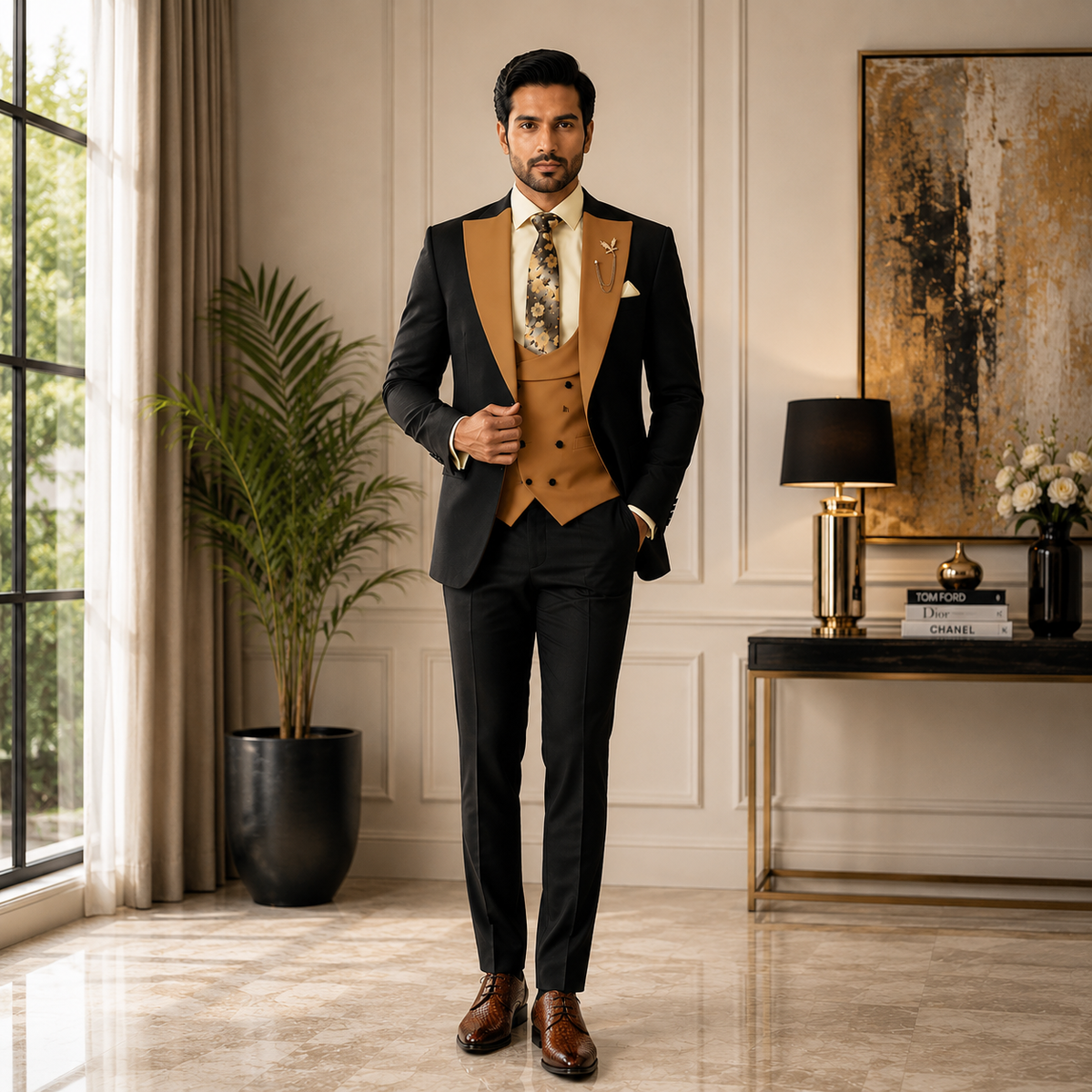 Abito smoking sartoriale 3 pezzi con gilet dal taglio elegante