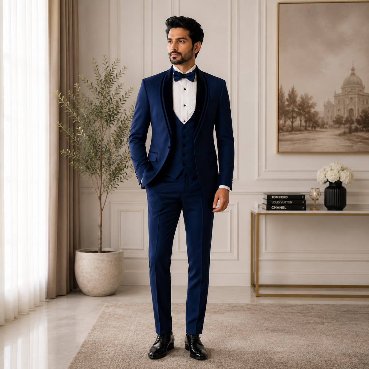 Costume trois pièces smoking bleu sur mesure pour un look élégant