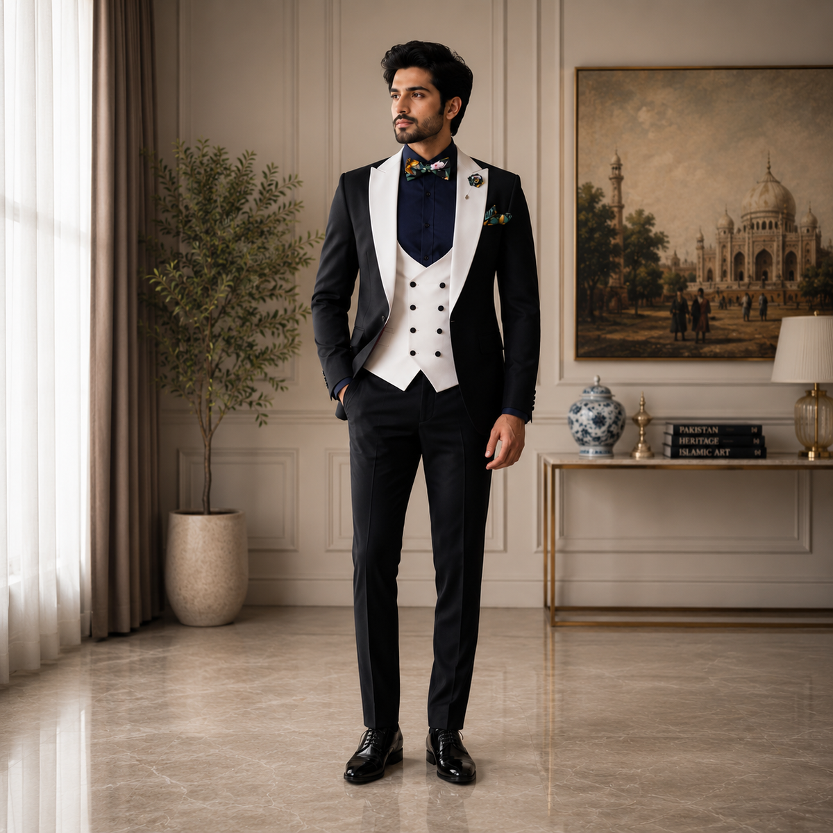 Completo smoking tre pezzi slim fit nero e bianco