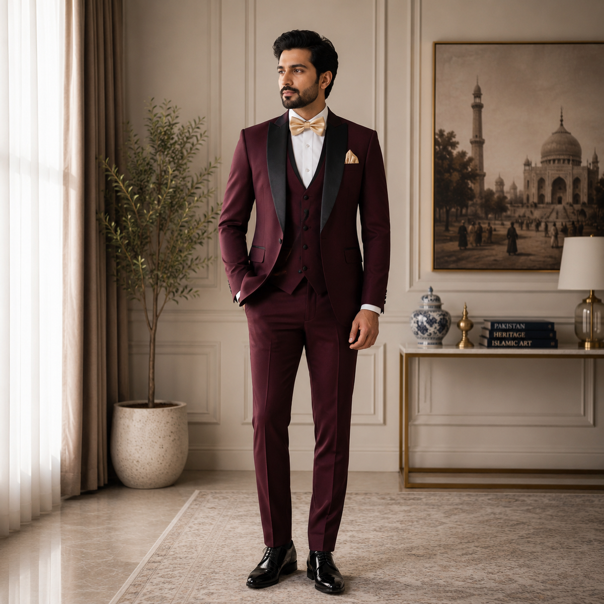 Elegante abito tre pezzi smoking personalizzato bordeaux e nero