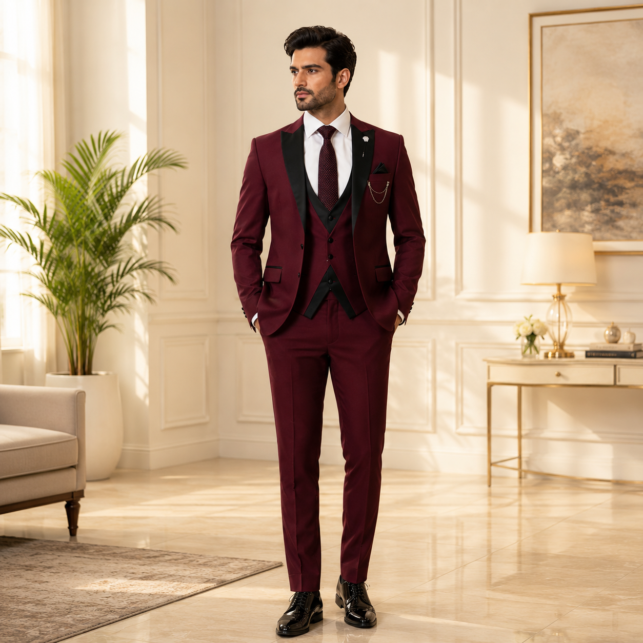 
                  
                    Maroon 3 piece suit with contrasting combination
                  
                