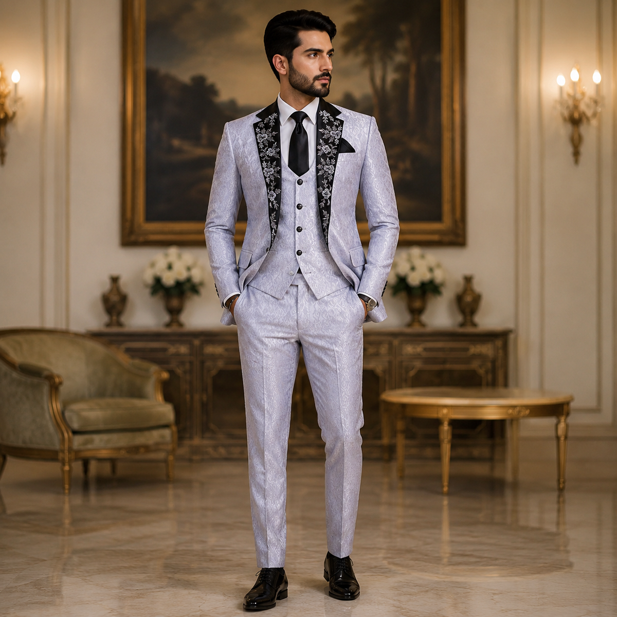 Self Designed Textured Fabric Gray Tuxedo Suit